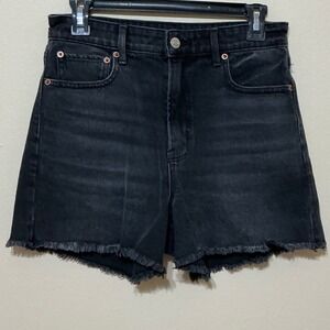 American Eagle Black Denim Mom‎ Shorts High Waisted Frayed Hem Womens Size 4